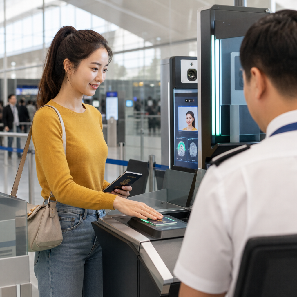 유럽 공항 입국심사대에서 여권 스캔과 얼굴·지문 등록이 진행되는 장면