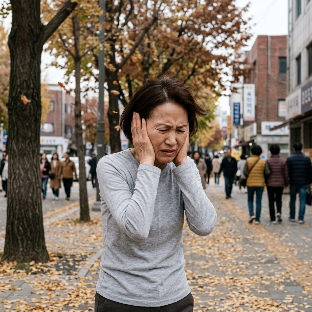 찬바람 부는 야외에서 귀를 감싸 쥐고 통증을 호소하는 60대 여성, 얇은 긴팔 셔츠 차림, 배경은 늦가을 가로수길
