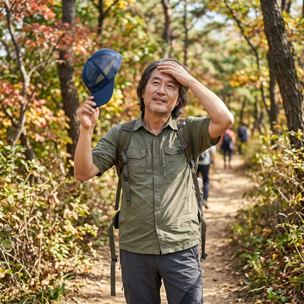 통기성 좋은 메쉬 소재 모자를 쓰고 야외 활동 중인 중년 남성이 모자를 벗어 두피를 환기하는 모습