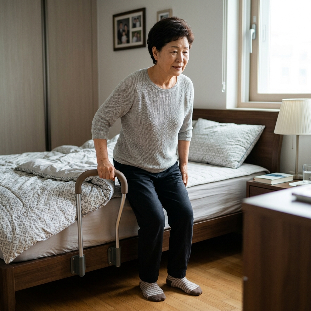침대 옆에 안정적인 손잡이를 잡고 일어서는 70대 여성, 발바닥이 바닥에 편안히 닿아 있는 모습