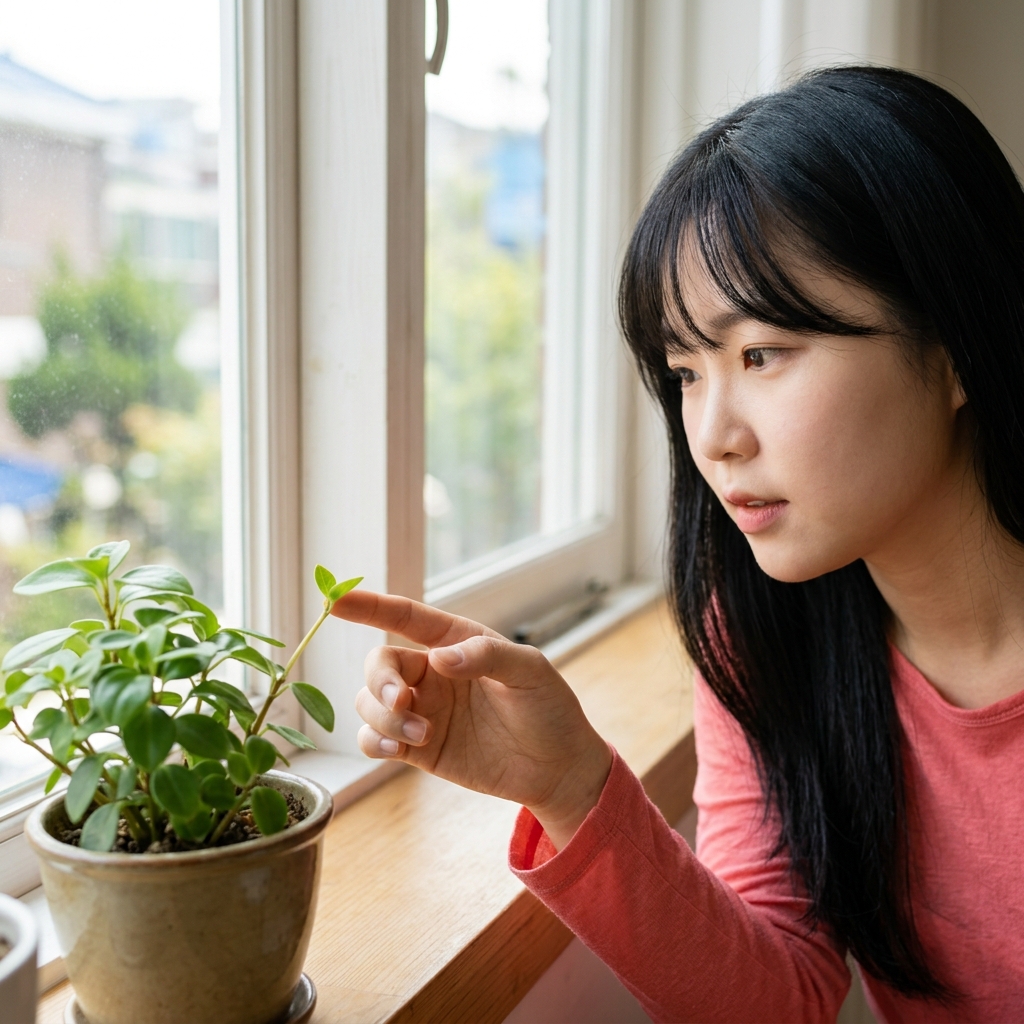 창가에 놓인 화분 옆에서 새 잎이 돋아나는 모습을 가까이 관찰하는 손, 얇은 긴소매 셔츠 착용, 실내 자연광