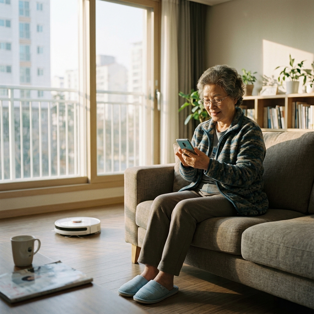 70대 여성이 소파에 앉아 편안한 표情으로 스마트폰을 보며 로봇청소기가 거실 바닥을 청소하는 모습을 지켜보는 장면, 창밖으로 따스한 햇살이 들어오고 실내화를 신은 발이 바닥에 가볍게 놓여 있다