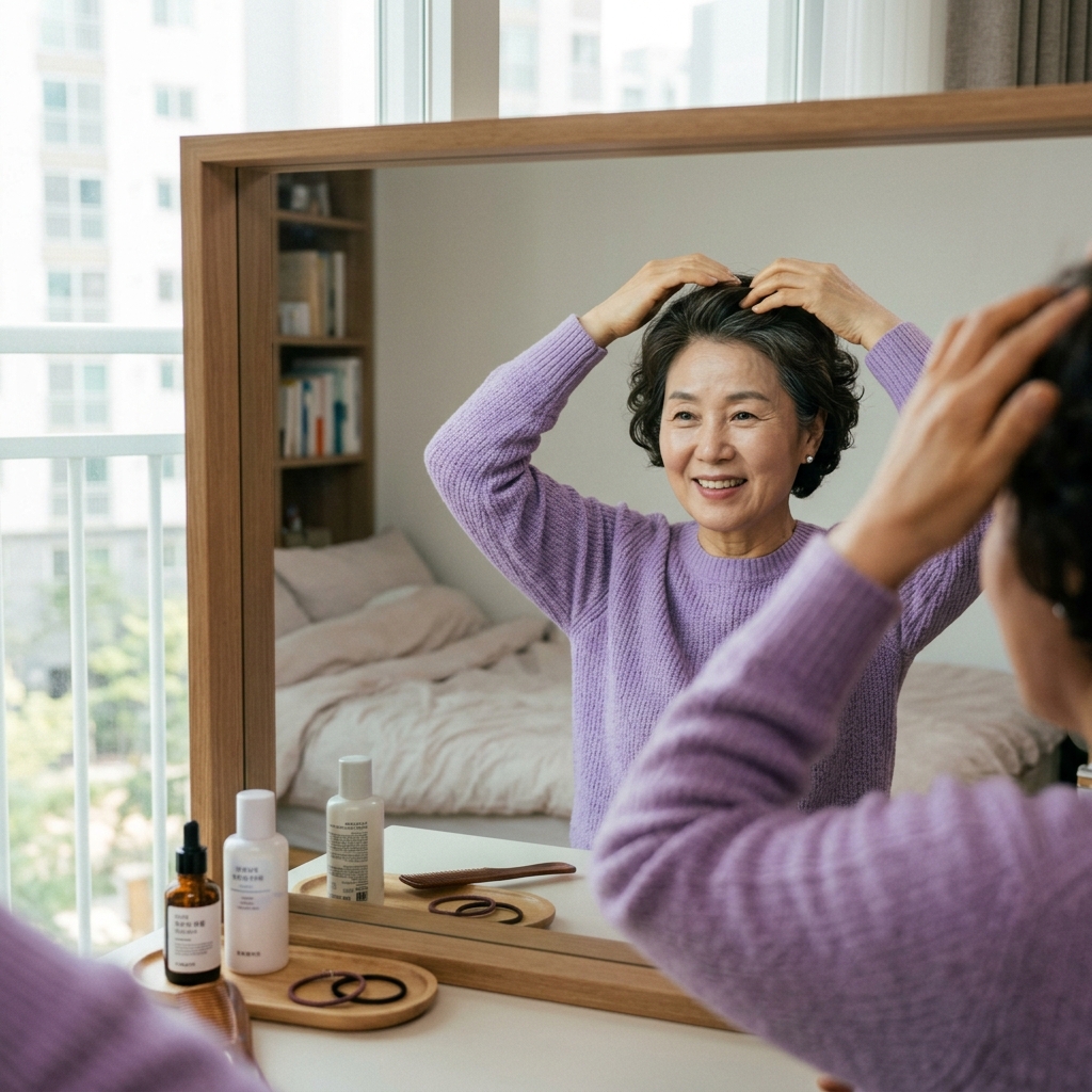 거울 앞에서 미소 지으며 정수리 부분을 부드럽게 정돈하는 60대 여성, 밝은 실내
