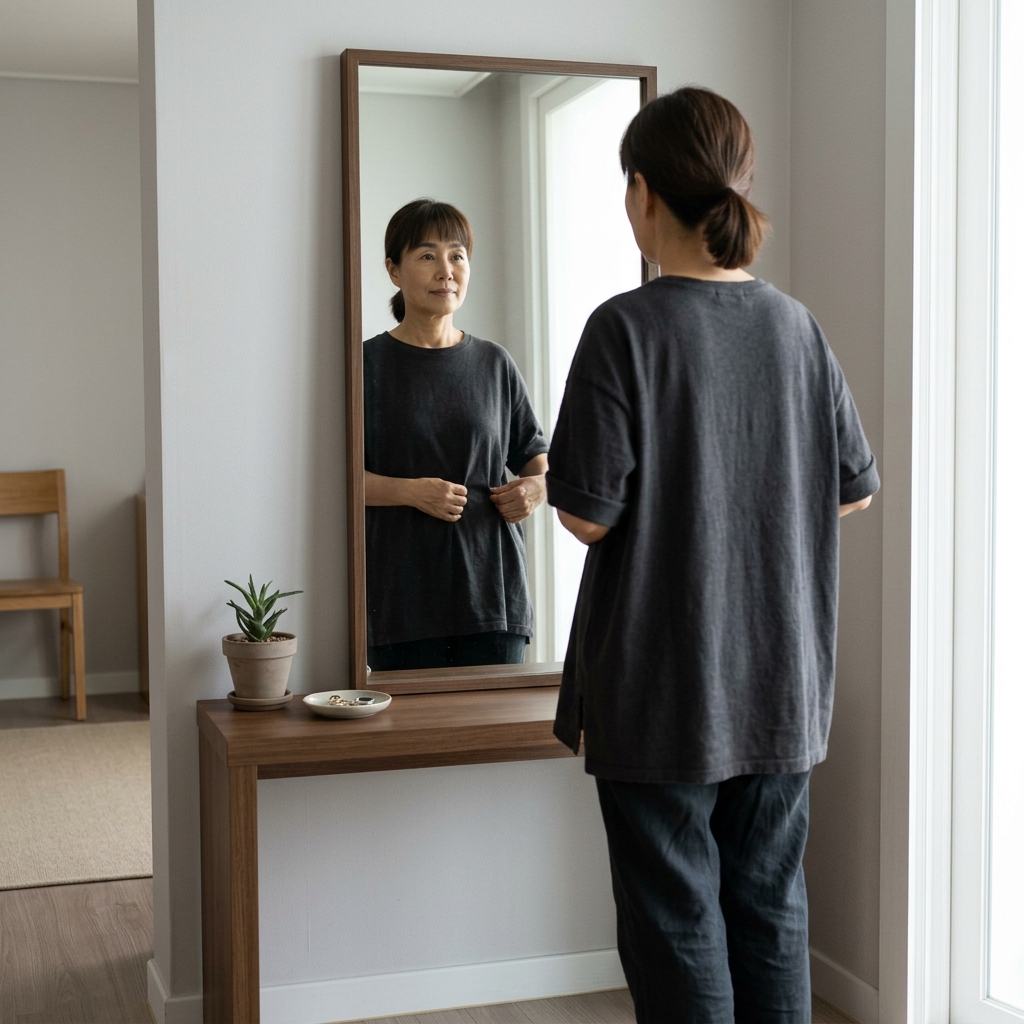 거울 앞에서 어두운색 오버사이즈 상의를 입고 서 있는 60대 여성의 뒷모습, 자연광이 들어오는 실내