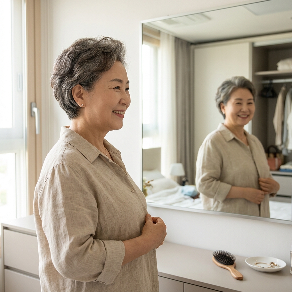 거울 앞에서 옷의 핏과 색상을 점검하며 미소 짓는 60대 여성