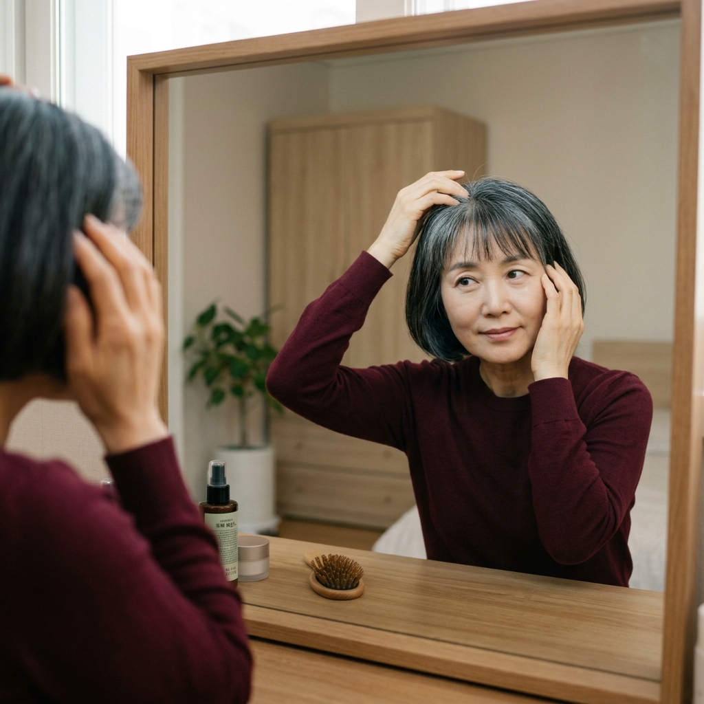 60대 여성이 거울 앞에 앉아 흰 새치가 섞인 머리를 손으로 만지며 두피를 살피는 모습, 실내 조명 아래 차분한 표정