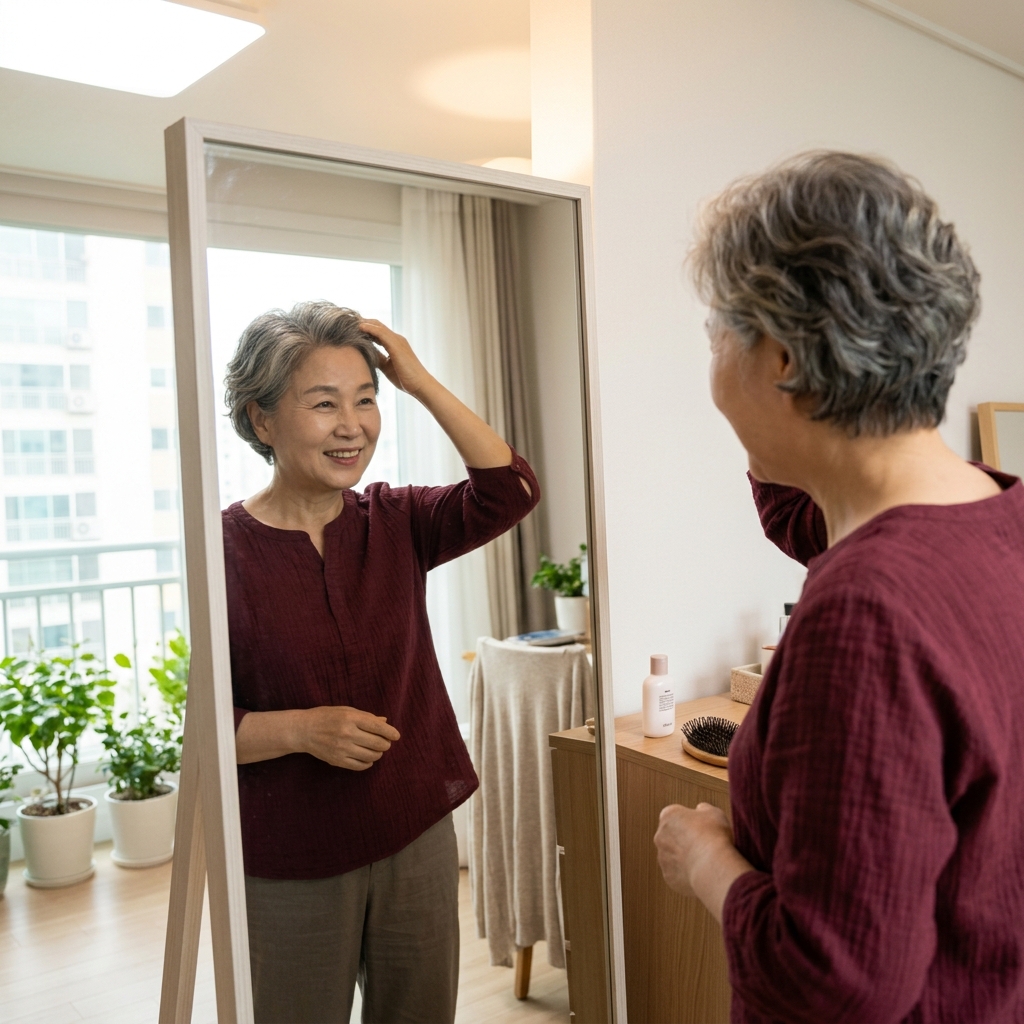 71세 여성이 거울 앞에서 은빛 숏컷 머리를 손으로 정돈하며 미소 짓는 장면, 실내 조명이 밝고 창밖으로 따스한 자연광이 들어오는 봄날 분위기