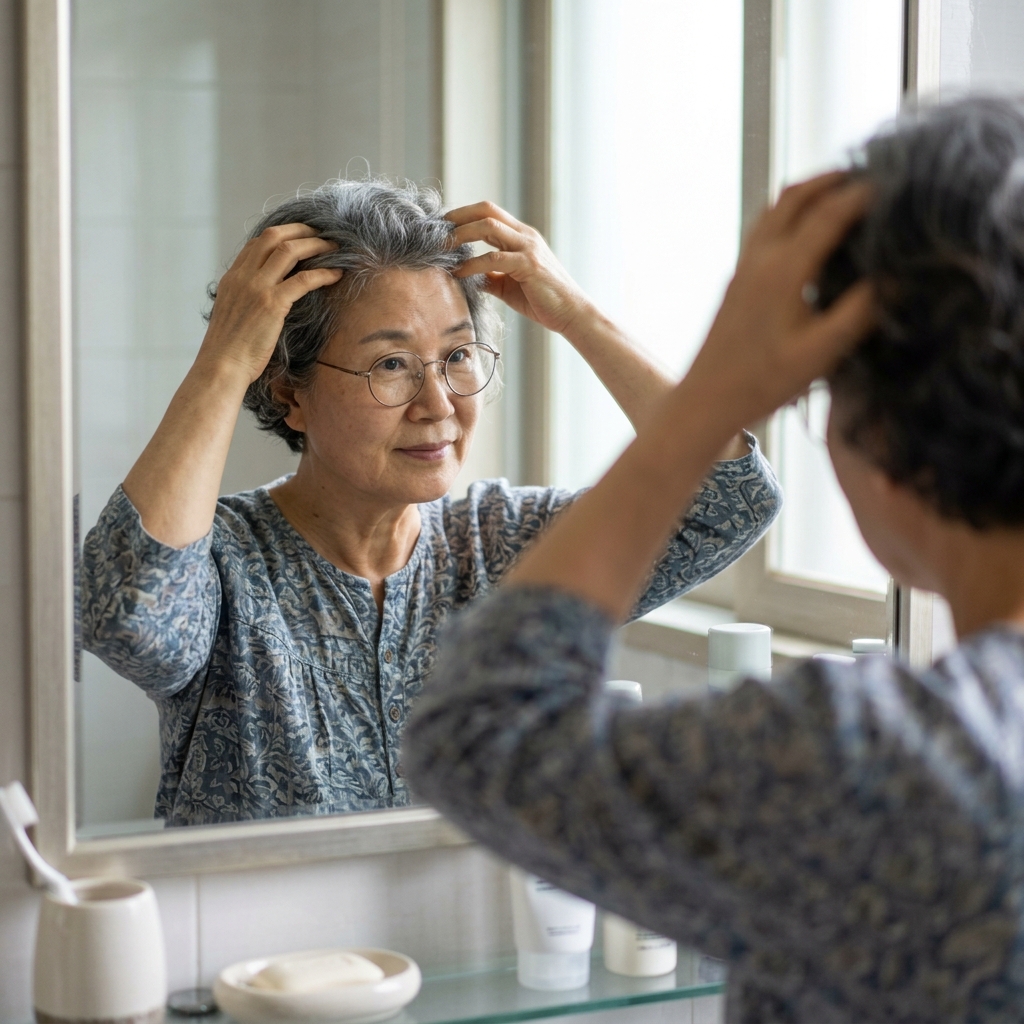 70대 여성이 거울 앞에서 부드러운 손가락 끝으로 두피를 가볍게 마사지하는 장면