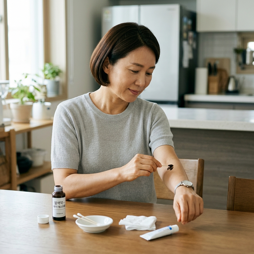 중장년 여성이 팔 안쪽에 작은 면봉으로 염색약을 바르며 시계를 확인하는 실내 장면