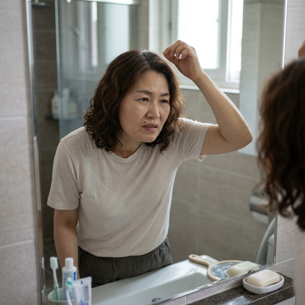 거울 앞에서 새치 한 가닥을 손으로 잡아 뽑으려는 50대 중반 여성의 모습, 얇은 반팔 블라우스 차림