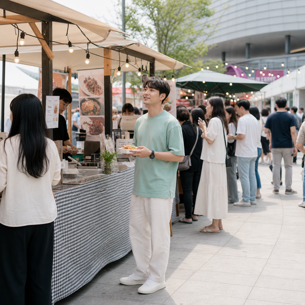 DDP 야외 공간에서 진행되는 미식마켓 부스와 방문객들