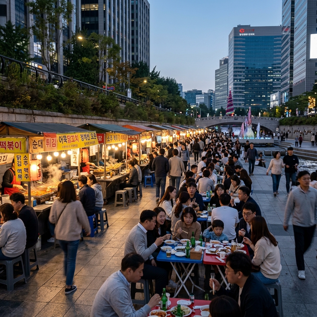 청계광장에 설치된 야장 좌석과 먹거리 부스 전경