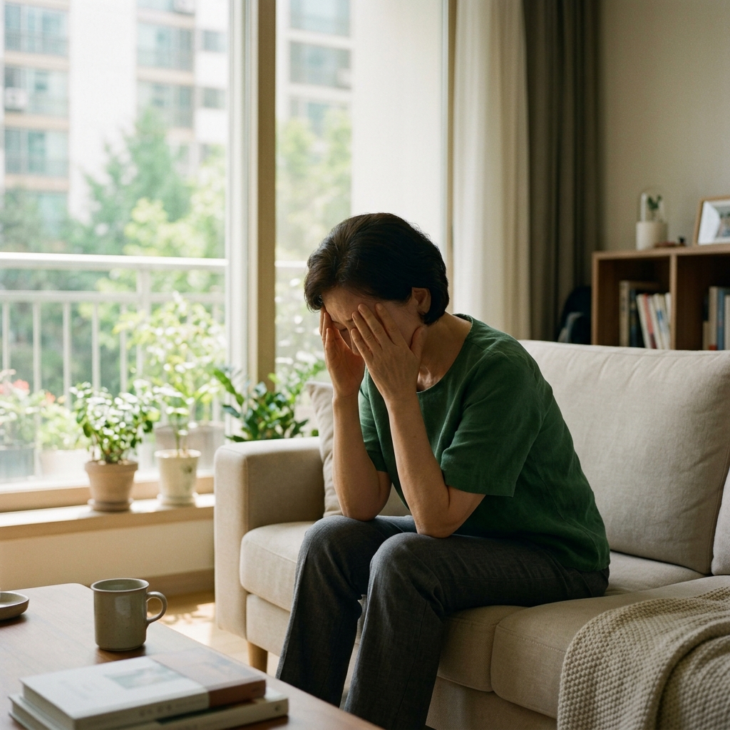 소파에 앉아 고개를 숙인 채 이마와 광대뼈 부분을 손으로 누르고 있는 60대 중반 여성, 창밖으로 보이는 초여름 햇살