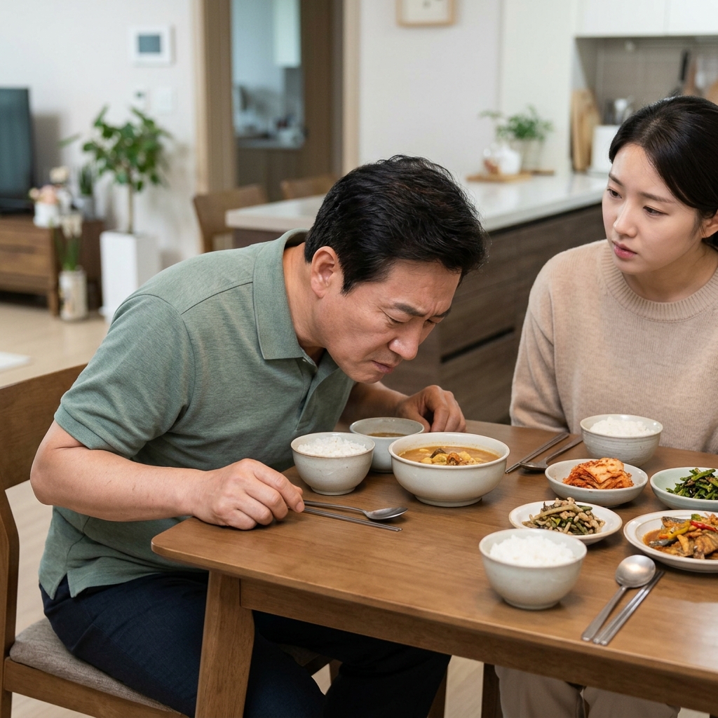 50대 중년 남성이 식탁에 앉아 음식 냄새를 맡으려 코를 가까이 대고 있지만 표정이 답답해 보이는 모습, 옆에 가족이 걱정스럽게 바라보는 실내 장면