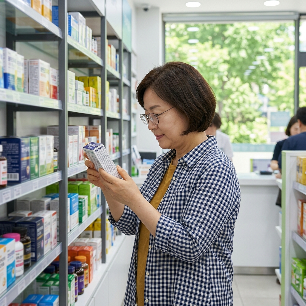 약국 진열대 앞에서 감기약 성분표를 들여다보고 있는 60대 중반 남성, 얇은 체크 셔츠 착용, 창밖으로 여름 녹음이 보이는 실내 장면