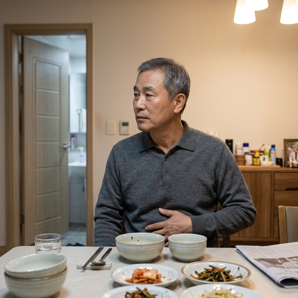 식탁에서 식사를 마친 뒤 복부를 가볍게 누르며 화장실 방향을 보는 60대 중반 남성의 모습, 실내 조명 아래 차분한 표정