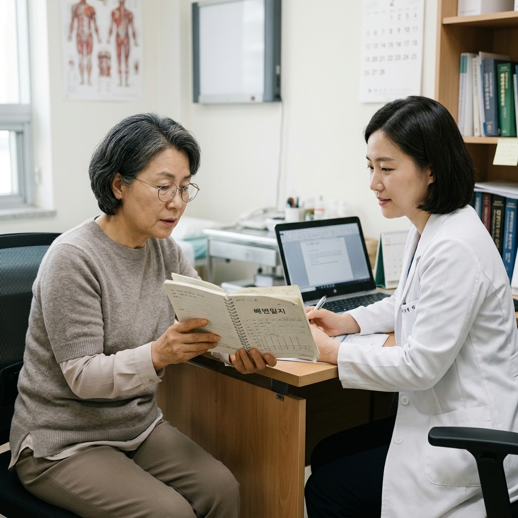 진료실에서 의료진과 마주 앉아 배변 일지를 펼쳐 보이는 60대 후반 여성의 모습, 차분한 실내 조명
