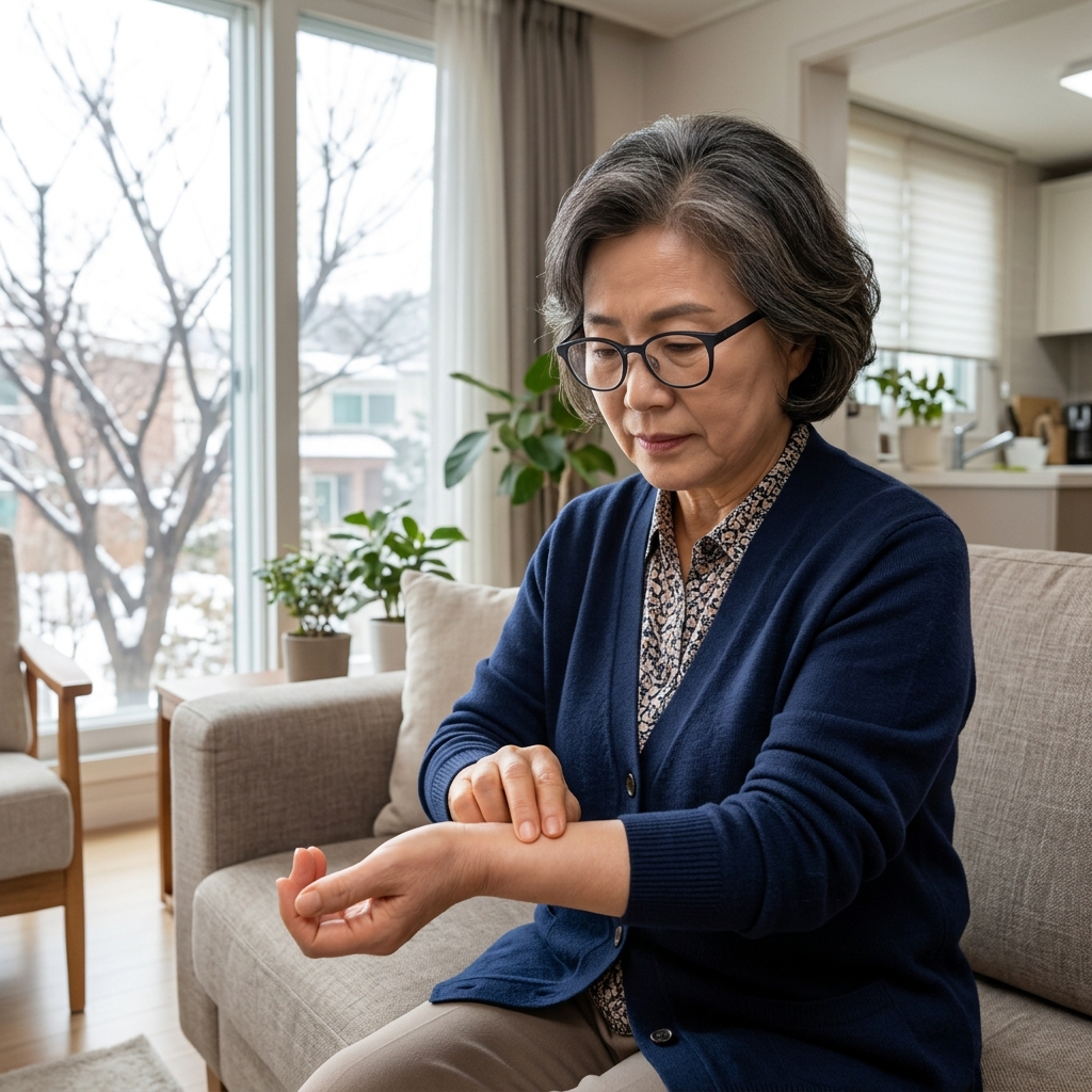 70대 여성이 안경을 쓰고 실내 소파에 앉아 손목의 부종을 손가락으로 눌러보며 확인하는 모습, 창밖으로 겨울 나뭇가지가 보임