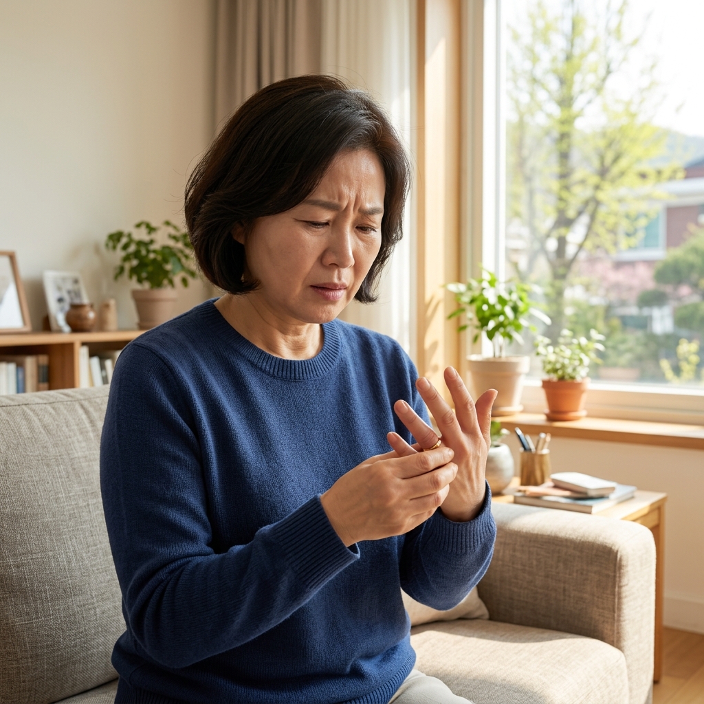 50대 중반 여성이 거실 소파에 앉아 왼손 약지의 반지를 빼려 하지만 손가락이 부어 빠지지 않아 난감한 표정을 짓고 있는 모습, 창밖으로 봄철 햇살이 비치는 실내 장면