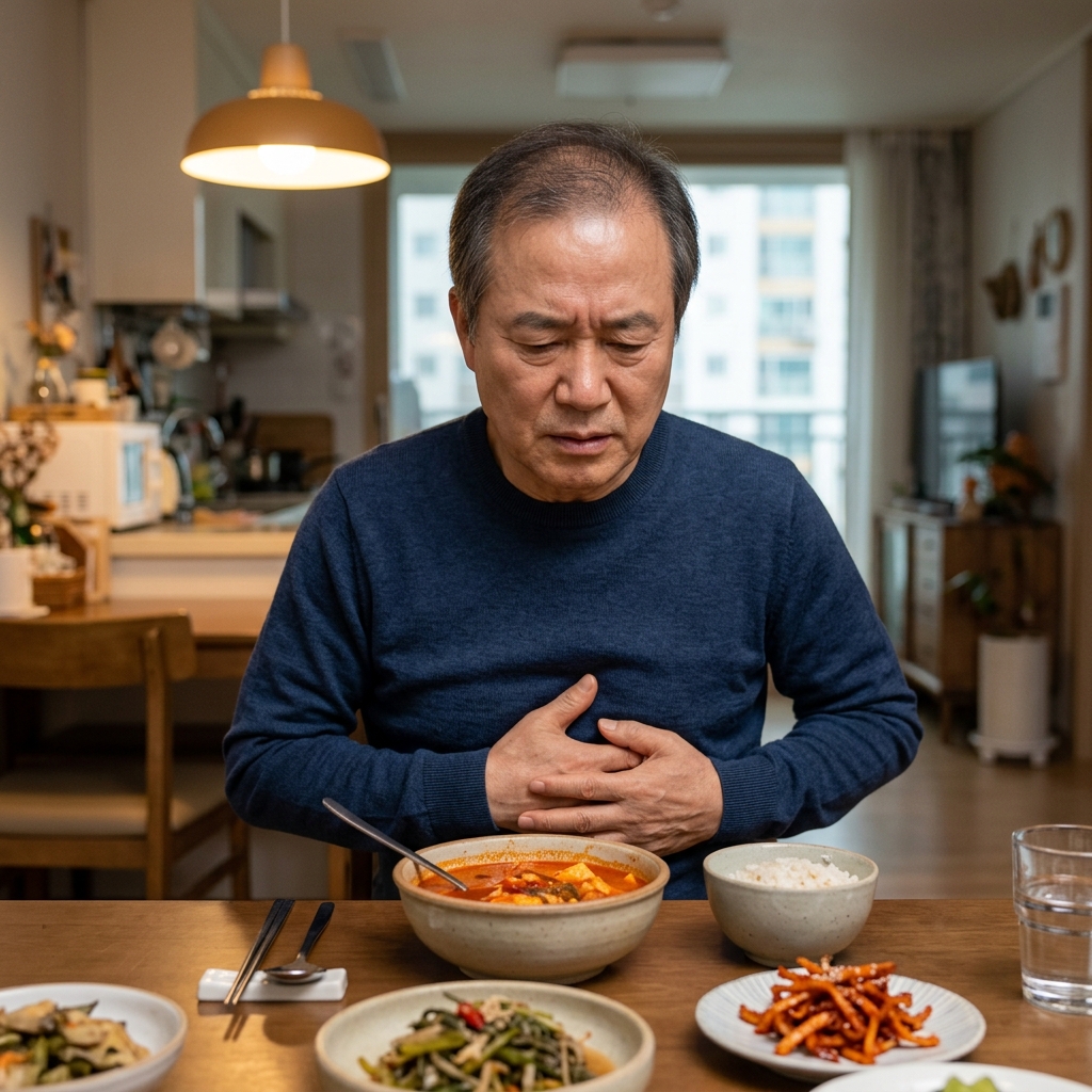 명치를 손으로 감싸 쥔 채 불편한 표정을 짓고 있는 60대 후반 남성, 식탁 위에 매운 음식이 놓여 있고 실내 조명은 따뜻한 톤