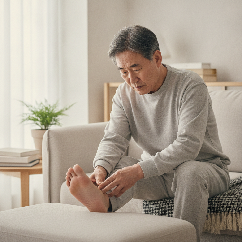 70대 노인이 거실 소파에 앉아 두꺼워진 발톱을 살펴보는 모습, 실내 조명 아래 자연스러운 일상 장면
