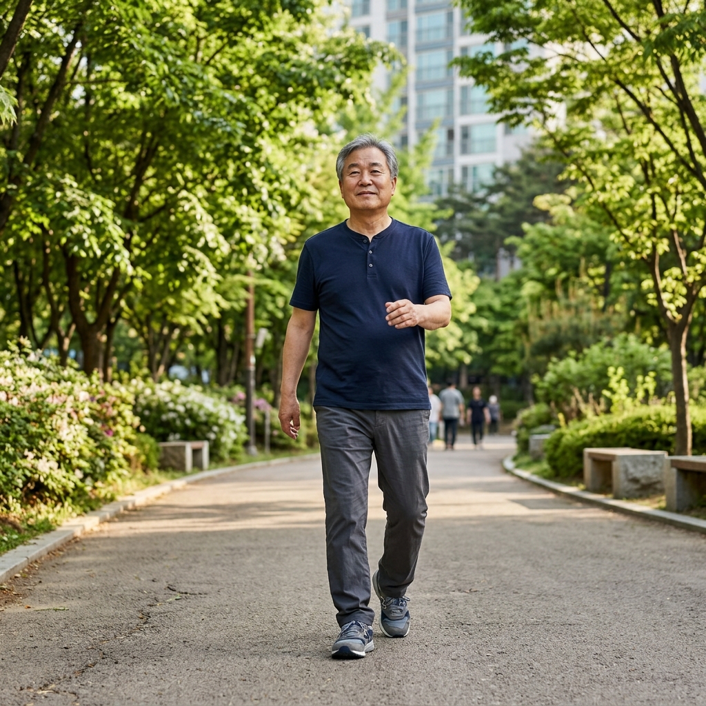 공원 산책로를 편안한 자세로 천천히 걷고 있는 70대 남성, 창밖으로 나뭇잎이 보이고 햇살이 따스하며 소매가 반팔이고 가벼운 운동화를 신고 있는 모습