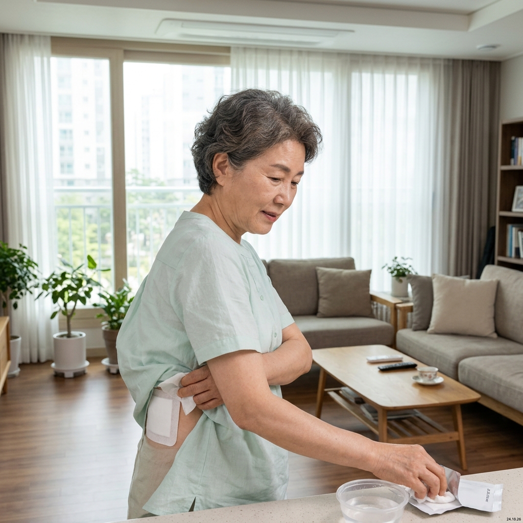 거실 밝은 창가에서 가벼운 반팔 블라우스를 입은 60대 후반 여성이 허리에 파스를 부드럽게 떼어내며 미온수로 피부를 적시는 모습
