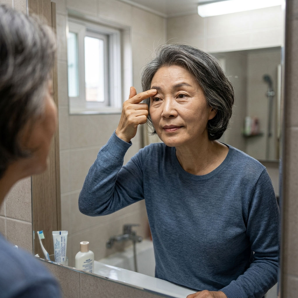 거울을 보며 처진 윗눈꺼풀을 손가락으로 살짝 올려보는 70대 여성의 모습, 실내 조명 아래 얇은 긴팔 상의 차림