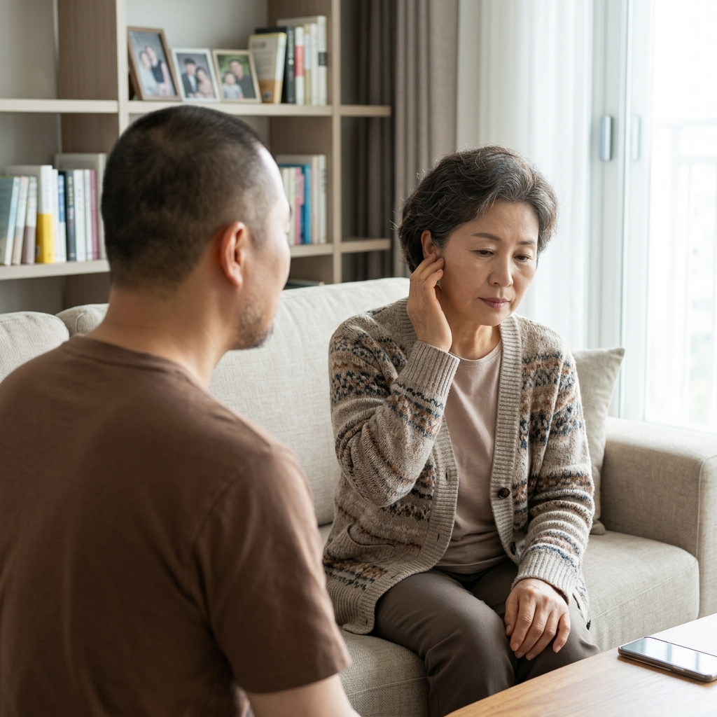 귀 앞을 가볍게 손끝으로 만져보며 감각을 확인하는 60대 여성의 모습
