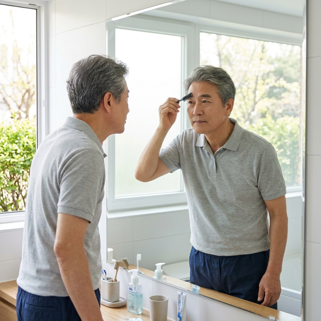 거울을 보며 눈썹 결을 빗으로 정돈하고 있는 60대 후반 남성의 모습, 창밖으로 밝은 빛이 들어오는 화장실