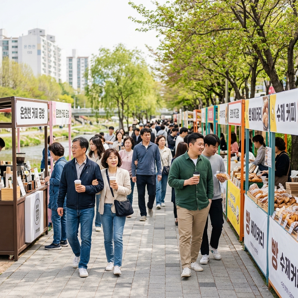 온천천변에 늘어선 커피와 빵 부스 사이를 걷는 방문객들