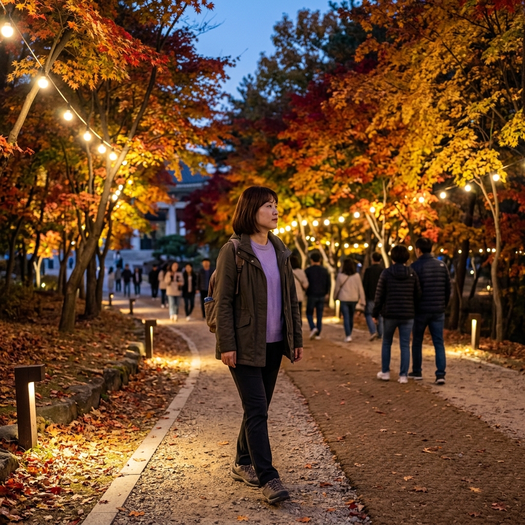 독립기념관 단풍나무 숲길 야간 조명이 켜진 가을 저녁 산책 풍경