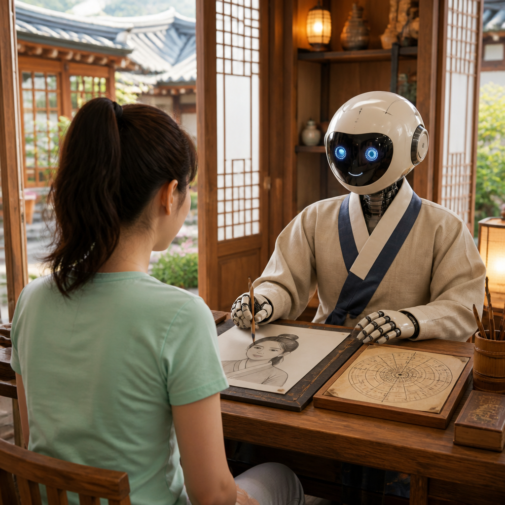 AI 로봇이 사주를 풀이하고 초상화를 그리는 익선동 사주 카페 내부
