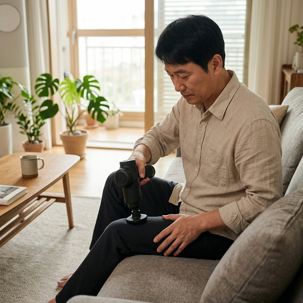50대 남성이 거실 소파에 앉아 마사지건 넓은 헤드를 허벅지 앞쪽에 가볍게 대고 천천히 움직이는 모습, 무릎뼈에서 충분히 떨어진 위치