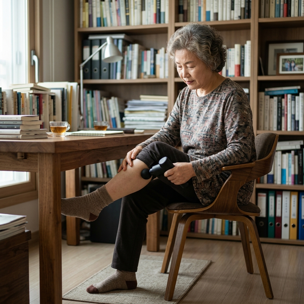 60대 여성이 서재 의자에 앉아 마사지건을 종아리 뒤쪽 두꺼운 근육에 대고 천천히 위아래로 움직이는 모습, 발목뼈와 무릎 뒤 오금을 피한 위치