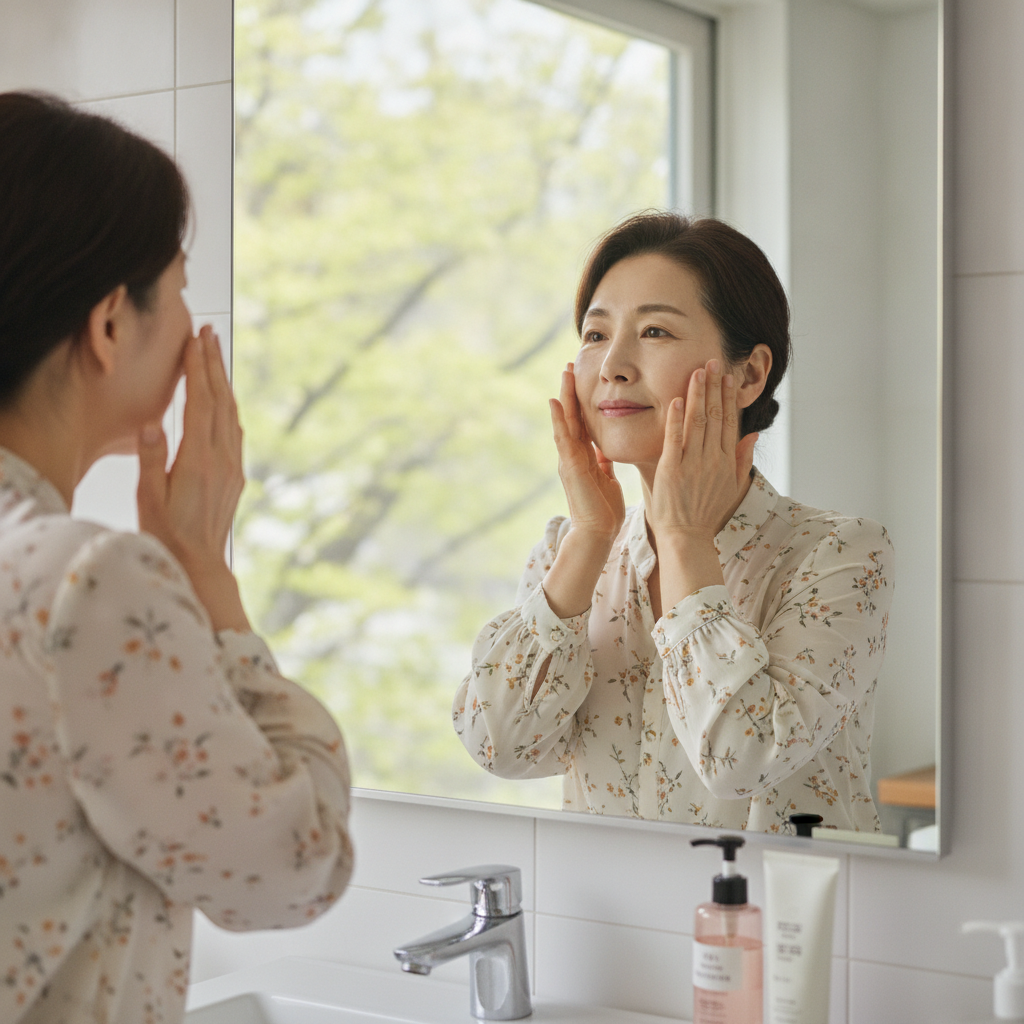 60대 여성이 욕실 거울 앞에서 세안 후 얼굴을 가볍게 두드리며 확인하는 모습, 긴 소매 블라우스 착용, 창밖으로 봄철 연두빛 나뭇잎이 보임
