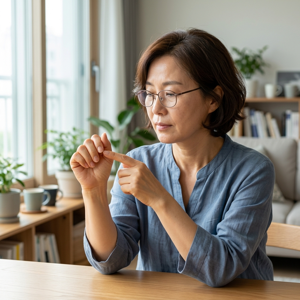 50대 중반 여성이 밝은 실내에서 한 손의 손톱을 자세히 들여다보며 세로줄을 확인하는 모습