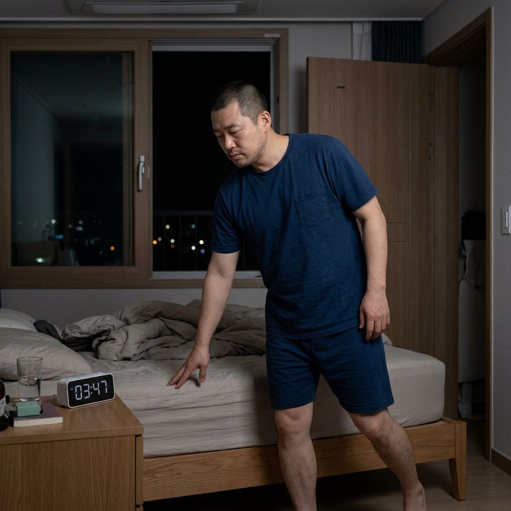 40대 중반 남성이 침대 옆 탁자 위 시계를 보며 밤중에 일어나 침실 문을 향해 걸어가는 모습, 어깨 두께감이 있는 반팔 잠옷 차림, 창밖은 어두운 밤