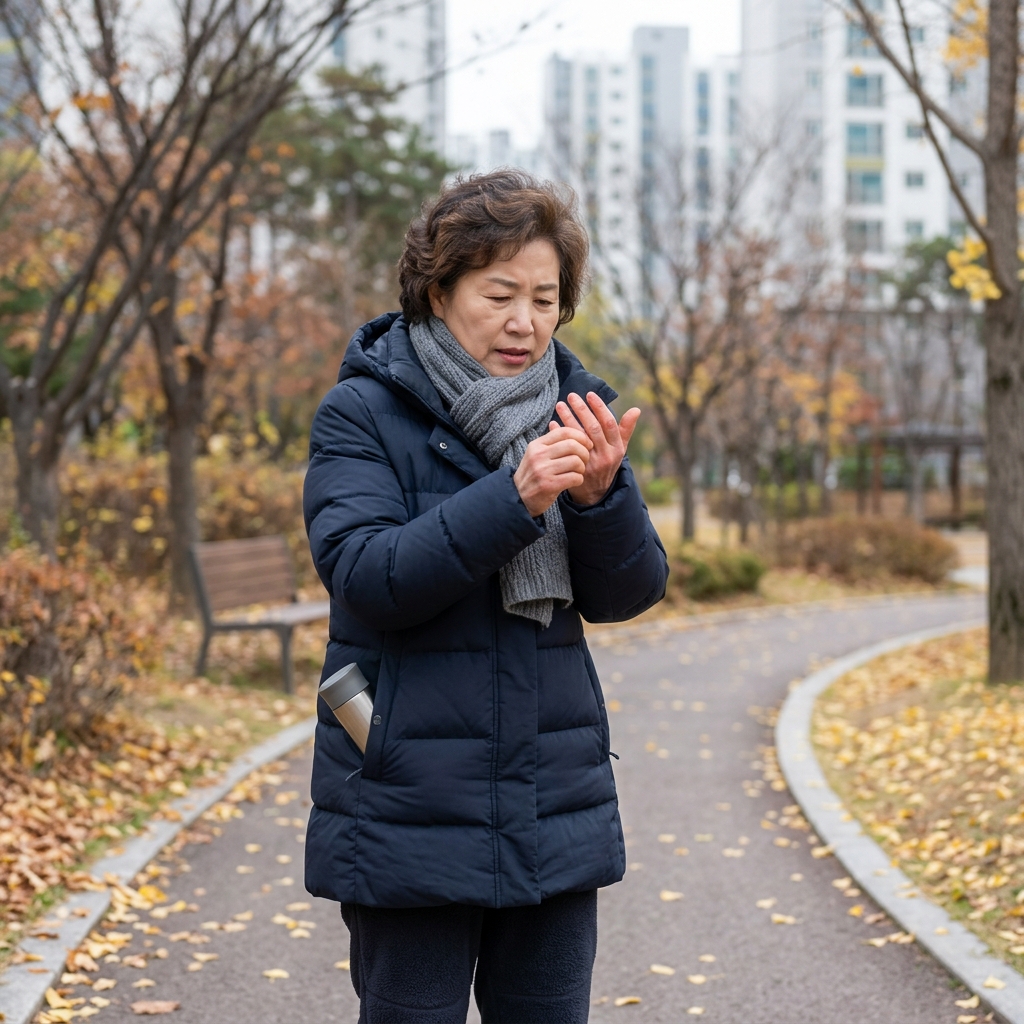 찬바람 부는 가을날 실외에서 두꺼운 외투를 입은 60대 여성이 손가락 끝을 확인하며 저린 듯 손을 비비는 모습