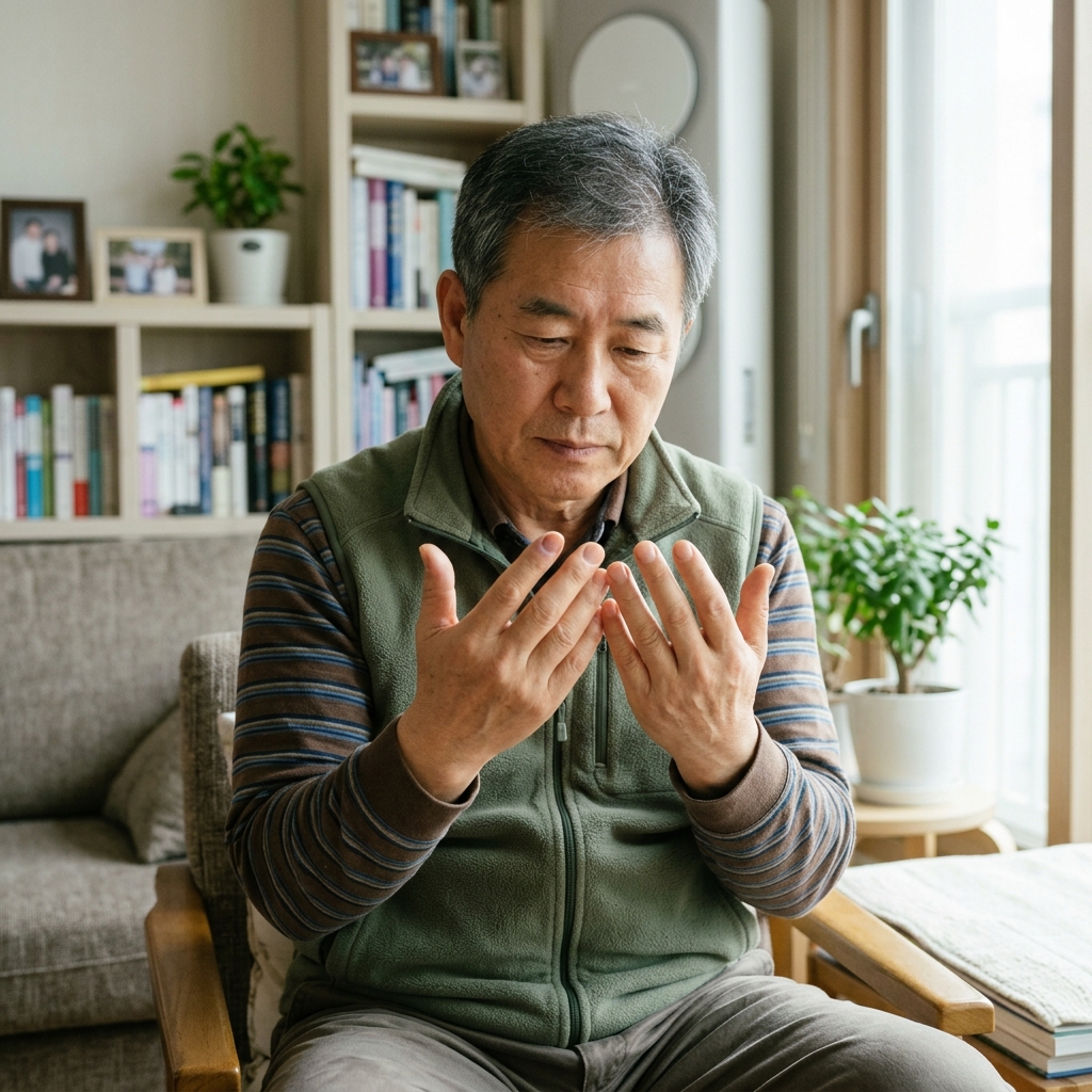 실내에서 60대 남성이 양손을 비교하며 한쪽 손가락 끝 색깔을 자세히 살피는 모습