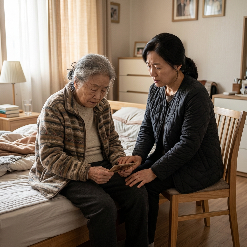 침대 옆 의자에 앉아 고개를 숙인 채 혼란스러운 표정을 짓고 있는 90대 노인과, 그 옆에서 손을 잡고 걱정스럽게 바라보는 50대 보호자의 모습