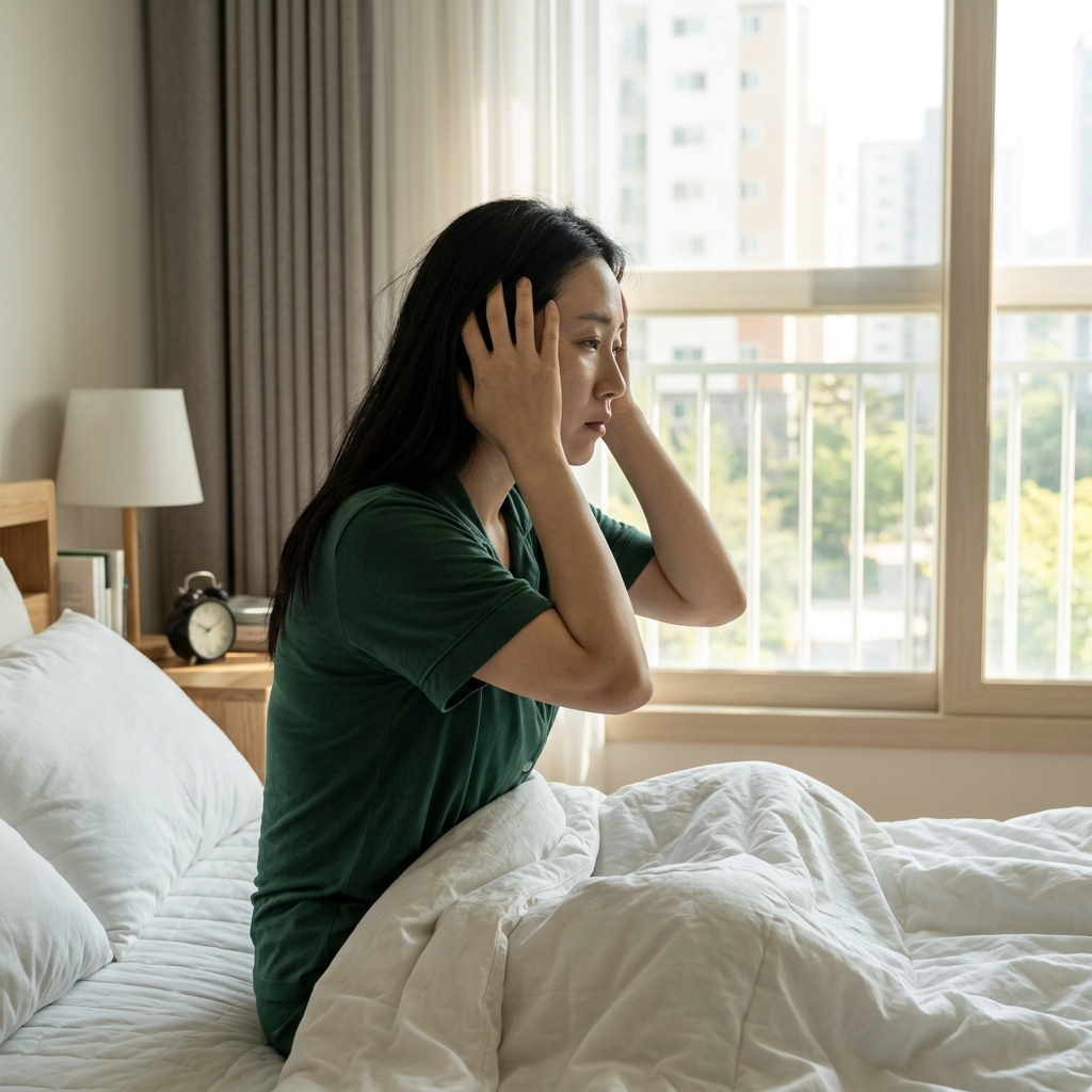 침대에서 막 일어난 60대 남성이 머리를 감싸며 피곤한 표정을 짓고 있는 아침 장면, 얇은 반팔 잠옷 차림, 창밖으로 밝은 아침 햇살