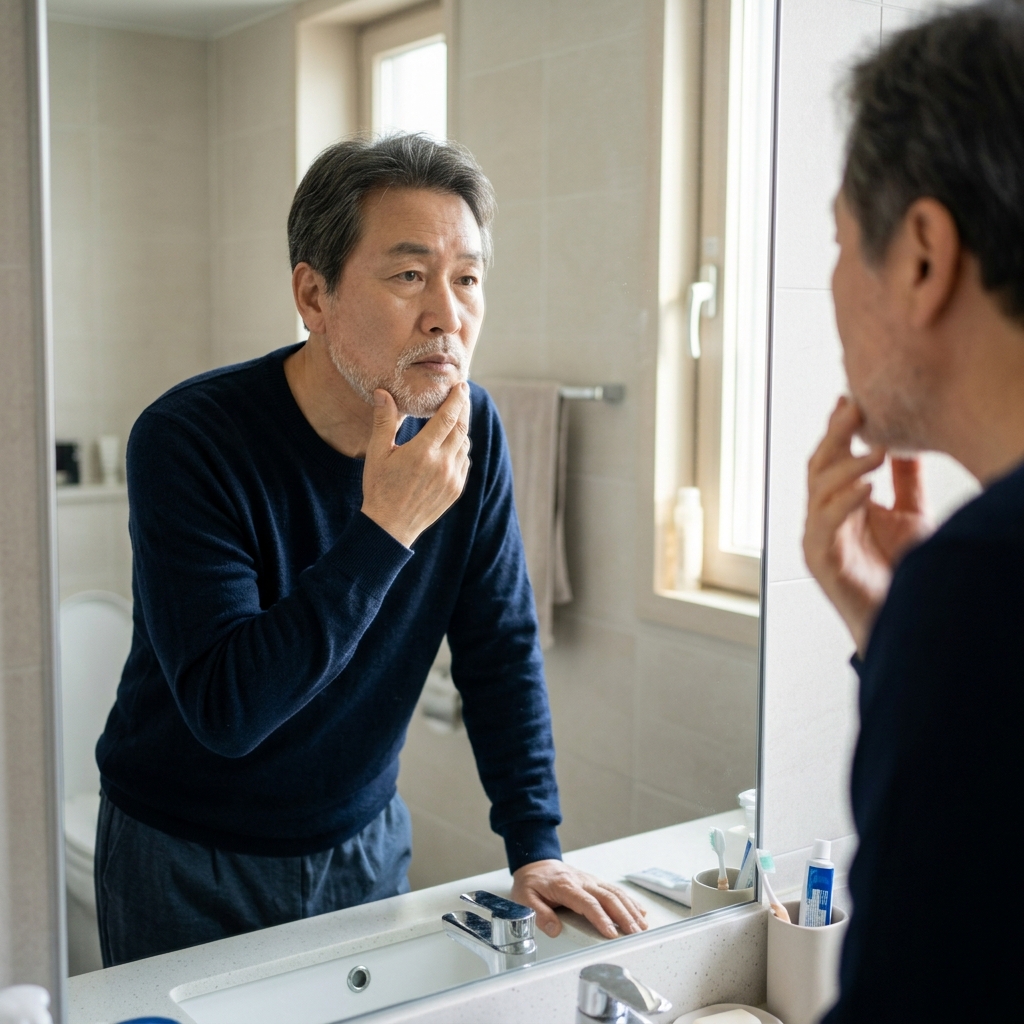 거울 앞에서 턱의 흰 수염을 손가락으로 만지며 고민하는 60대 남성의 모습, 옅은 아침 햇살이 들어오는 세면대