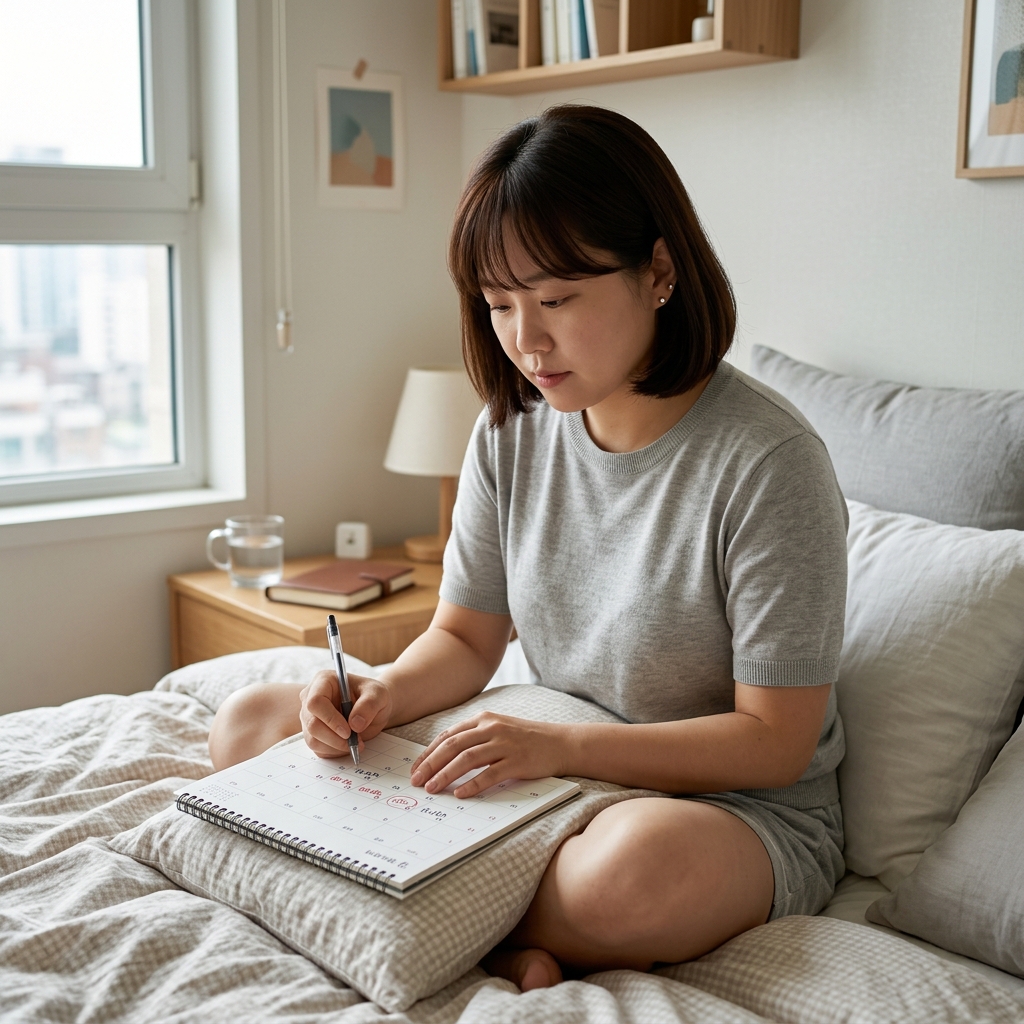 침대에 앉아 달력을 보며 생리 주기를 기록하는 30대 여성, 얇은 반팔 셔츠 착용