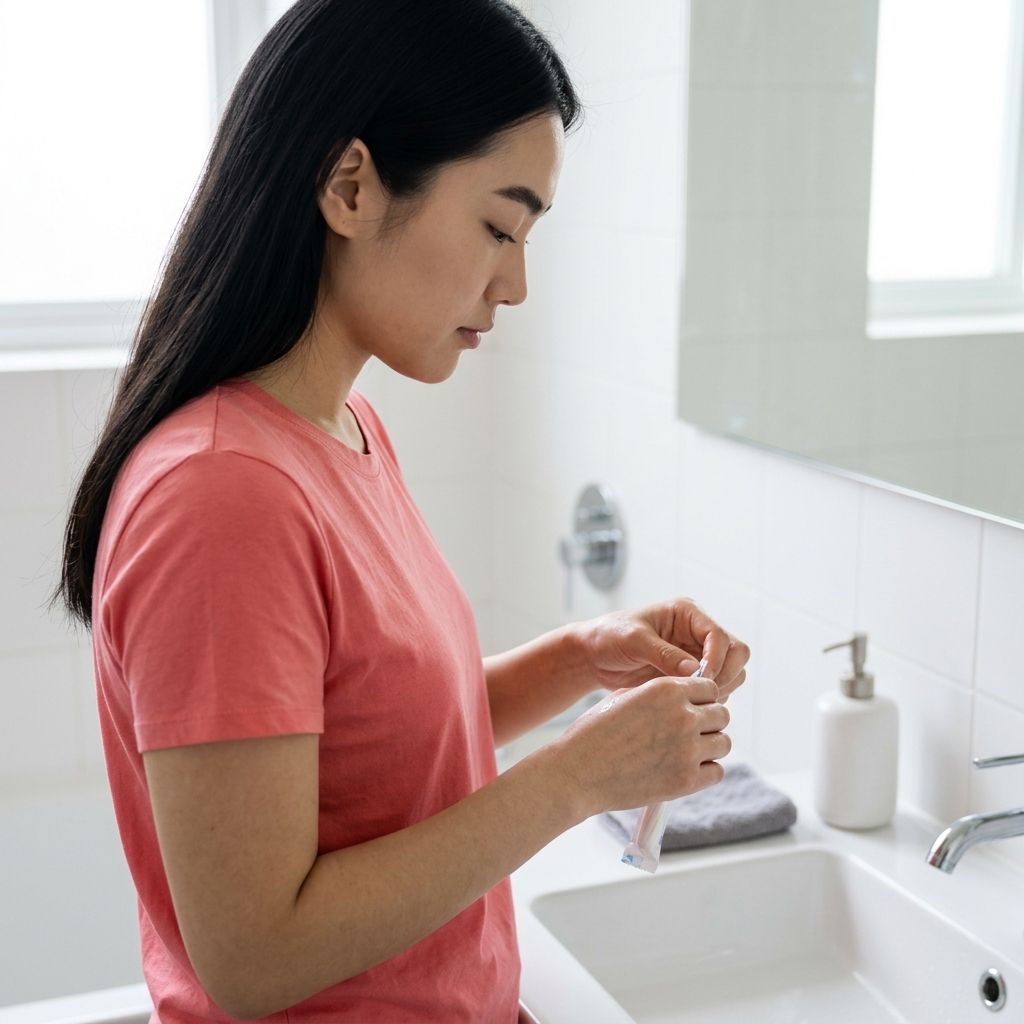30대 여성이 화장실에서 손을 비누로 씻은 뒤 탐폰 포장을 뜯고 있는 장면, 흰색 타일 벽과 세면대, 짧은 소매 티셔츠