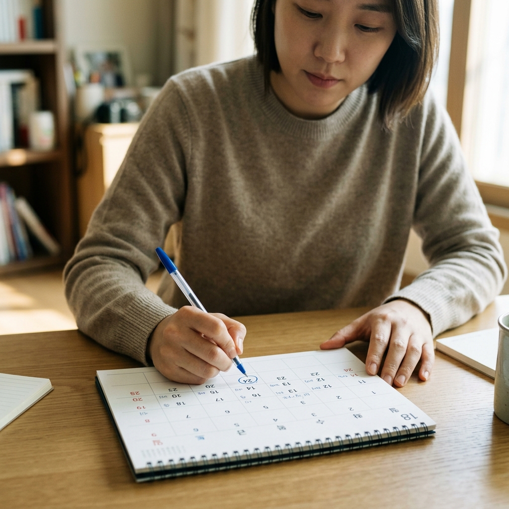 생리 시작 전 달력에 통증 시작 날짜를 표시하며 기록하는 20대 후반 여성의 손과 달력