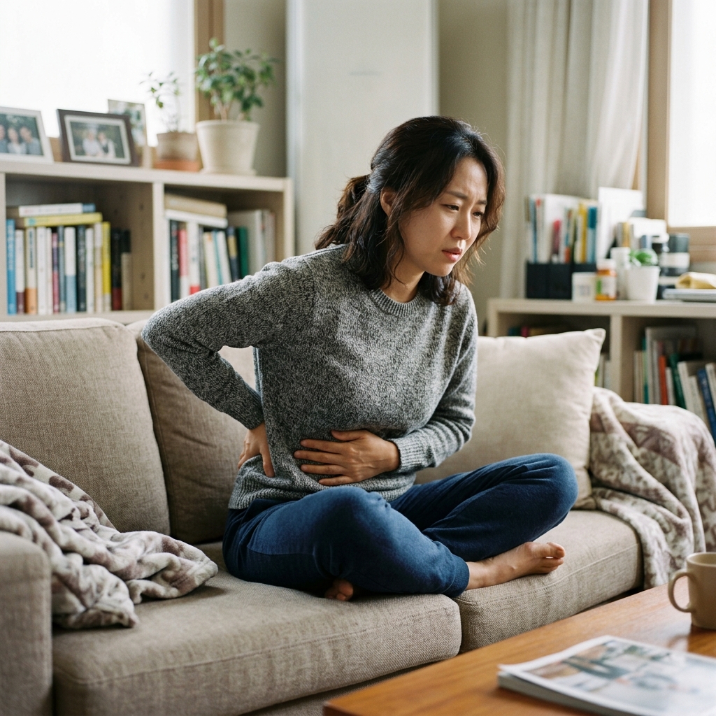 하복부와 허리를 감싸 쥔 30대 초반 여성의 모습, 실내 소파에 앉아 있는 장면