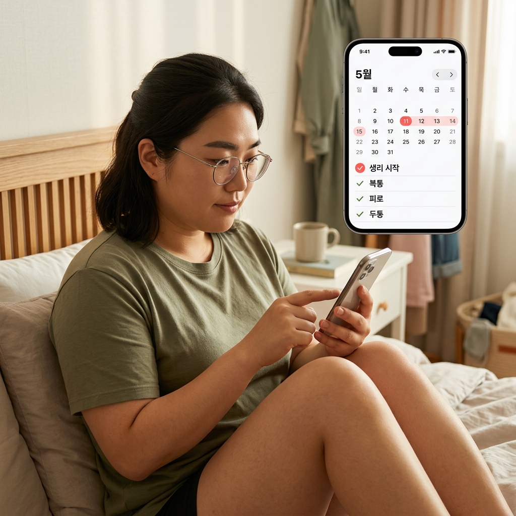 침대에 앉아 스마트폰으로 월경 주기 앱에 생리 시작일과 증상을 입력하는 30대 여성, 화면에는 달력과 증상 체크 항목이 표시되어 있다