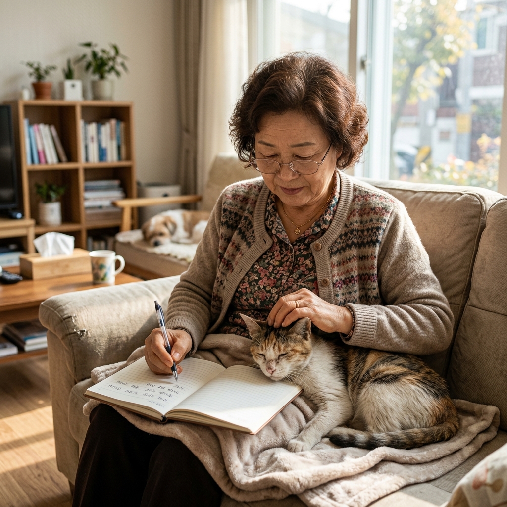 거실 소파에 누워 힘없이 눈을 감은 노령 고양이를 쓰다듬으며 노트에 기록하는 60대 보호자의 모습, 창밖으로 부드러운 오후 햇살이 들어오는 장면