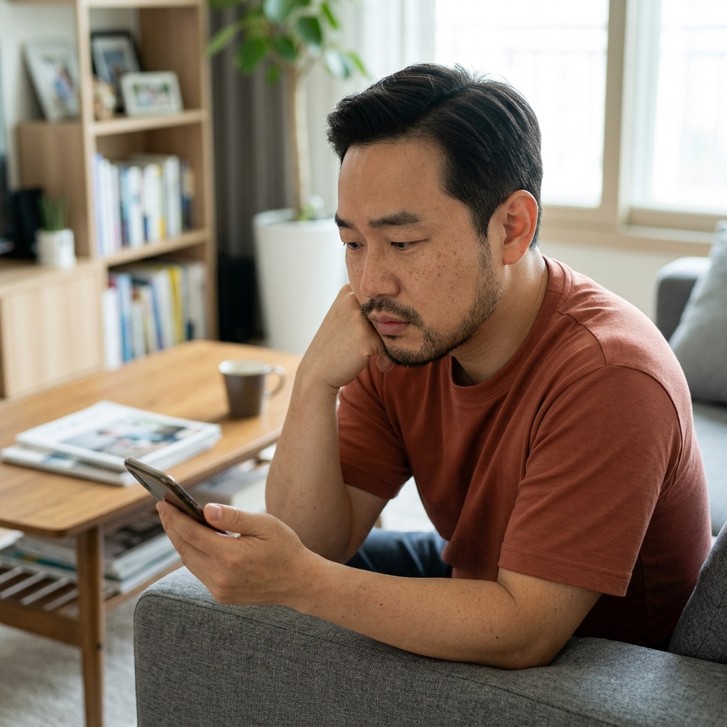 소파에 앉아 팔꿈치를 팔걸이에 기댄 채 스마트폰을 보고 있는 40대 여성, 한 손으로 스마트폰을 들고 팔꿈치가 90도 이상 굽혀진 자세